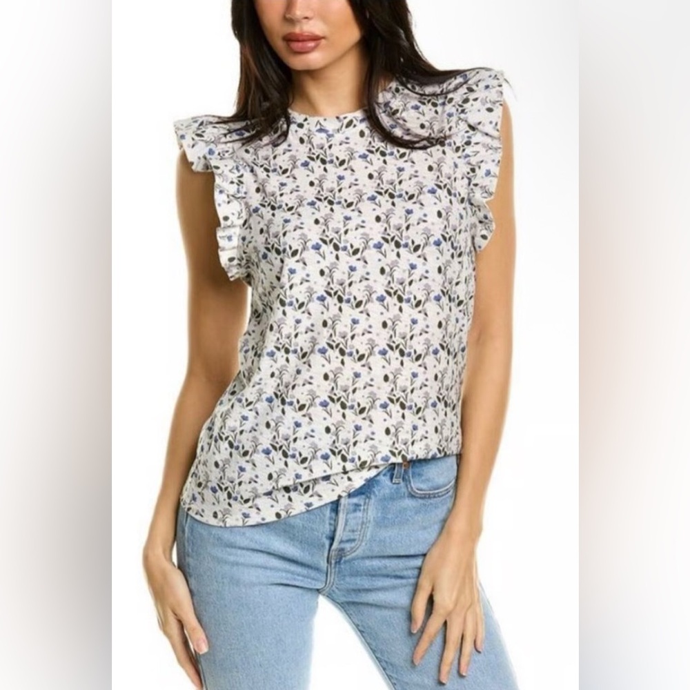 Anthropologie NATION Floral Ruffle Sleeve Top‎ Blue White Cottagecore Whimsy